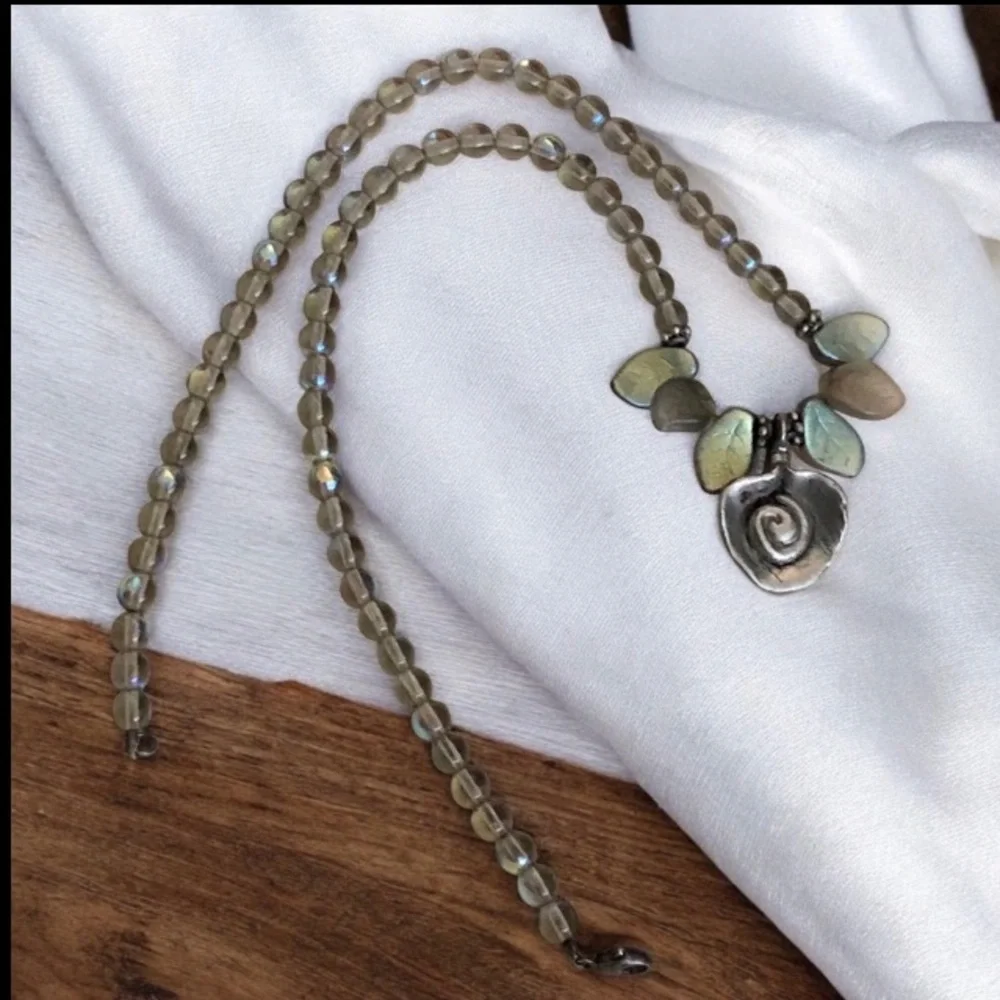 Czech-Style Glass Leaf Pewter Center Fire-Polished Beaded Necklace